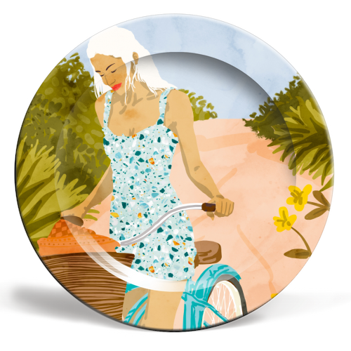 Biking In The Woods - ceramic dinner plate by Uma Prabhakar Gokhale