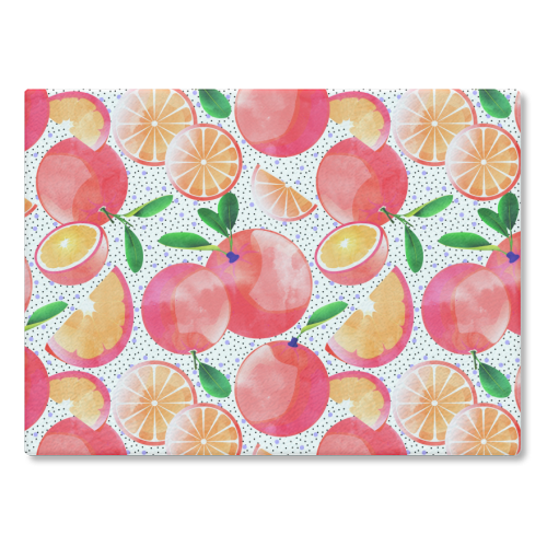 Citrus Tropical | Juicy Fruits Polka Dots | Food Orange Grapefruit Pink Watercolor Botanica - glass chopping board by Uma Prabhakar Gokhale