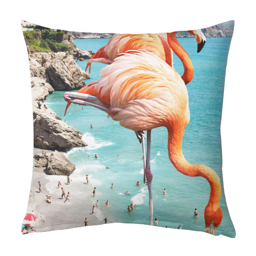 Flamingos on the Beach, Wildlife Surrealism Birds, Nature Flamingo Fantasy Beach Summer Photography - designed cushion by Uma Prabhakar Gokhale