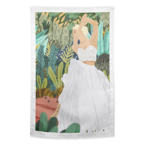 Forest Bride | Jungle Wedding Painting | Travel Solo | Blonde Woman Dancing Joy - funny tea towel by Uma Prabhakar Gokhale