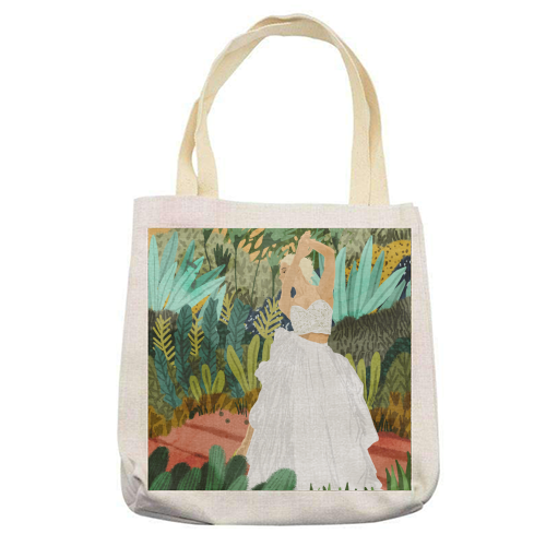 Forest Bride | Jungle Wedding Painting | Travel Solo | Blonde Woman Dancing Joy - printed canvas tote bag by Uma Prabhakar Gokhale