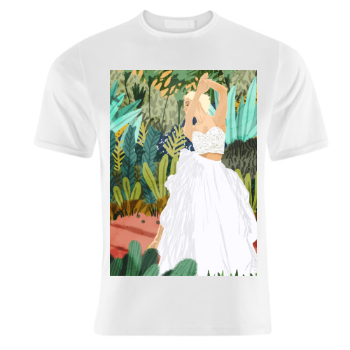 Forest Bride | Jungle Wedding Painting | Travel Solo | Blonde Woman Dancing Joy - unique t shirt by Uma Prabhakar Gokhale