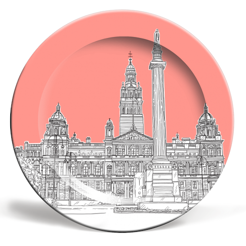 George Square, Glasgow (Scotland) - coral pink version - ceramic dinner plate by Adam Regester