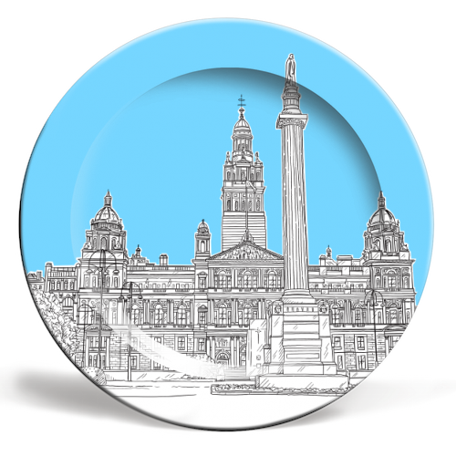 George Square, Glasgow (Scotland) - pale blue colour pop version - ceramic dinner plate by Adam Regester