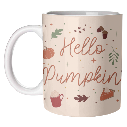 Hello pumpkin fall print - unique mug by The Girl Next Draw