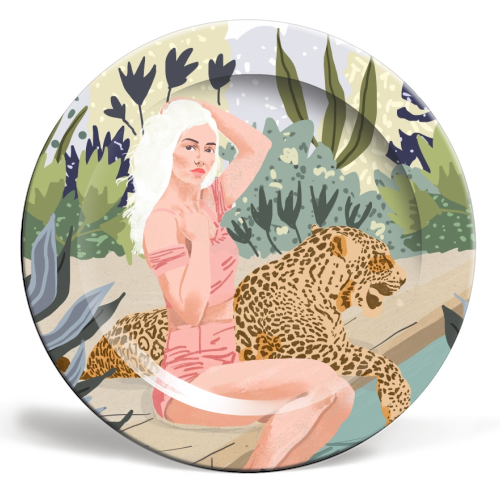 How to Train Your Leopard, Wild Cat Bohemian Woman Painting, Swimming Pool Bikini Summer Swim Animal - ceramic dinner plate by Uma Prabhakar Gokhale