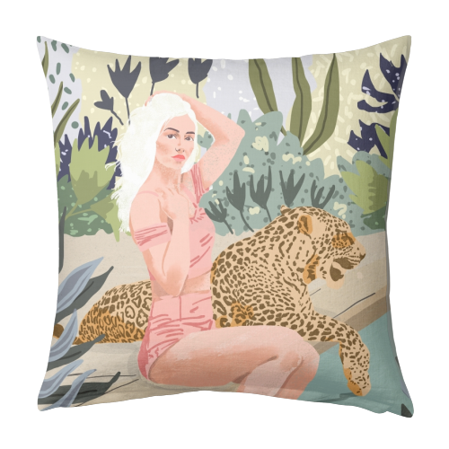 How to Train Your Leopard, Wild Cat Bohemian Woman Painting, Swimming Pool Bikini Summer Swim Animal - designed cushion by Uma Prabhakar Gokhale