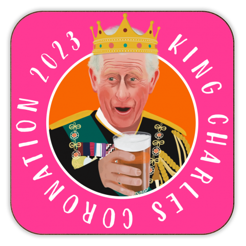 King Charles Coronation Pink and Orange - personalised beer coaster by AbiGoLucky