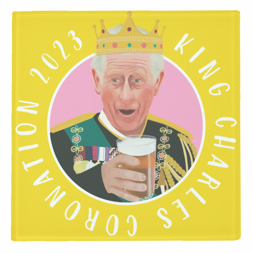 King Charles Coronation Yellow and Pink - personalised beer coaster by AbiGoLucky