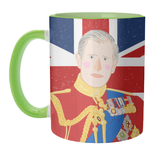 King Charles III Against a Union Jack Background - unique mug by Adam Regester