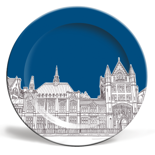 Manchester Museum Drawing (Dark Blue Background) - ceramic dinner plate by Adam Regester