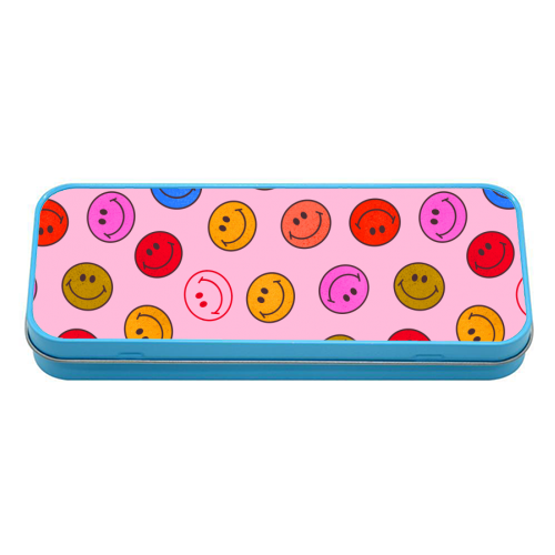 Smileys On Pink - tin pencil case by Ania Wieclaw