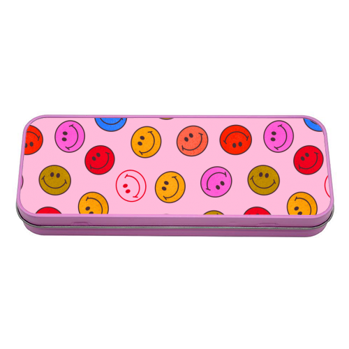 Smileys On Pink - tin pencil case by Ania Wieclaw