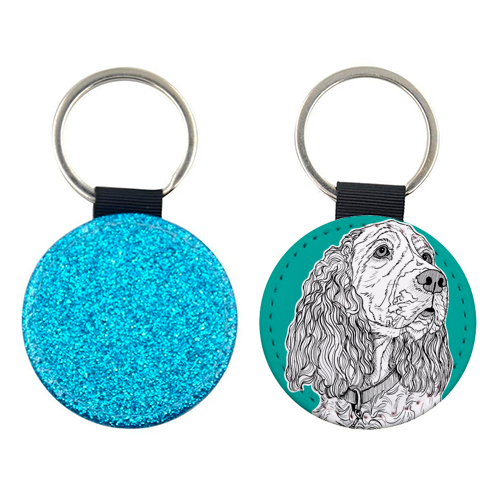 Spaniel Dog Portrait ( teal background ) - keyring by Adam Regester