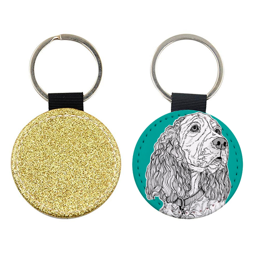 Spaniel Dog Portrait ( teal background ) - keyring by Adam Regester