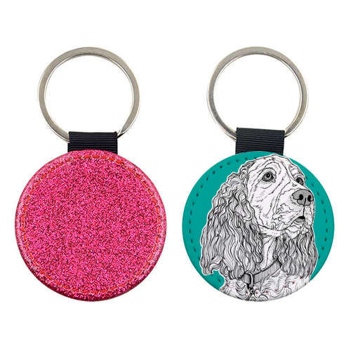 Spaniel Dog Portrait ( teal background ) - keyring by Adam Regester