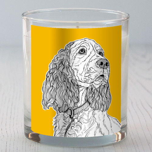 Spaniel Dog Portrait ( yellow background ) - scented candle by Adam Regester