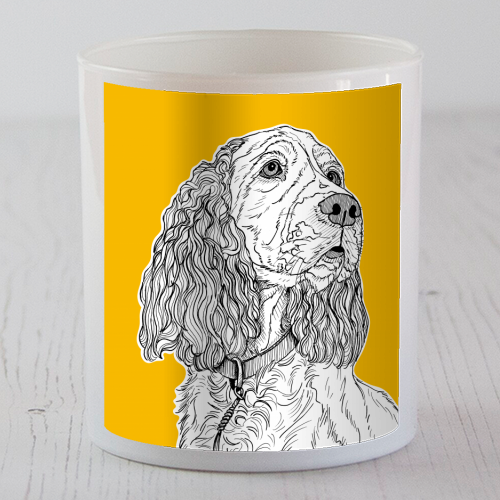 Spaniel Dog Portrait ( yellow background ) - scented candle by Adam Regester