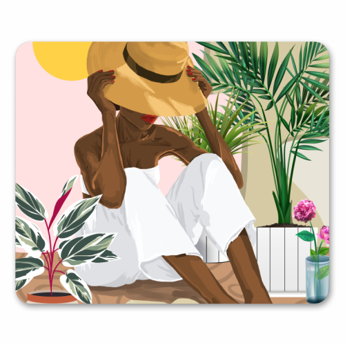 Summer Reading | Modern Bohemian Black Woman Travel | Beachy Vacation Book Reader - mouse mat by Uma Prabhakar Gokhale