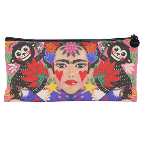 TROPICAL  FRIDA IN PINK - flat pencil case by Nichola Cowdery