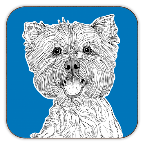 West Highland Terrier Dog Portrait ( blue background ) - personalised beer coaster by Adam Regester